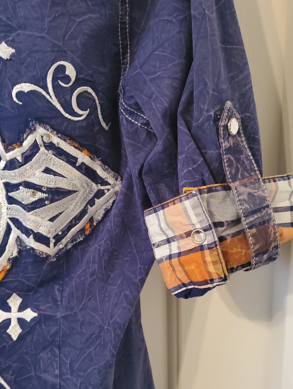 Affliction Snap Button-Front Top with Orange Plaid Accents - Picture 10 of 13